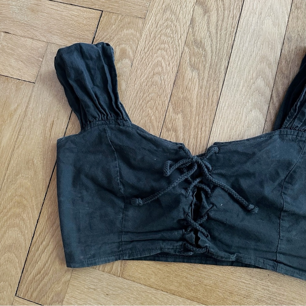 80s Vintage Black Tie Front Crop Top S/M
